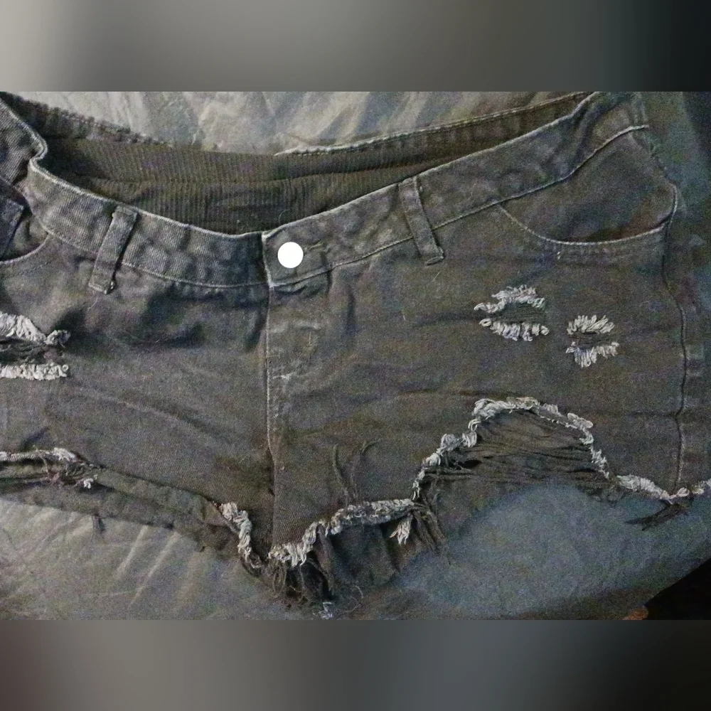 Black Distressed Maternity Denim Shorts | Over-Belly Panel | Stretch | Casual - Picture 9 of 9